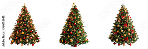 Set of A family joyfully decorating a large Christmas tree together on transparent background