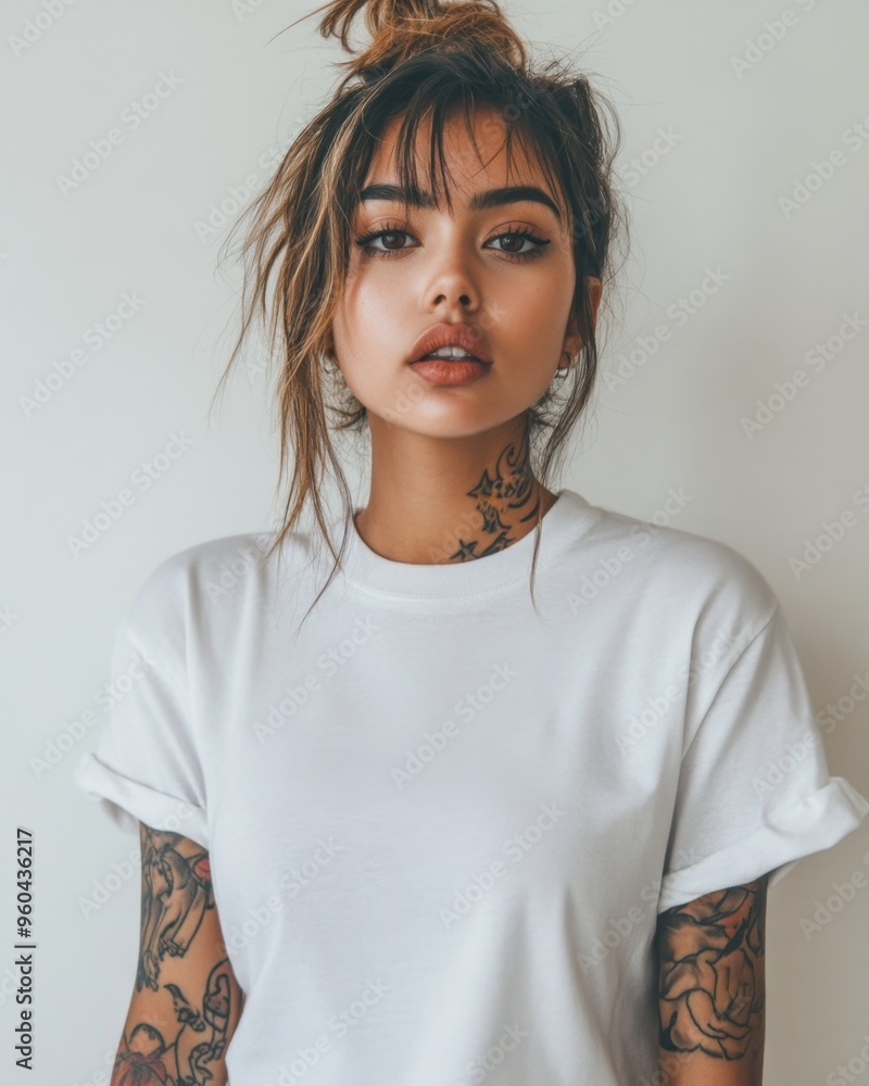 Young woman with tattoos wearing a plain white t-shirt stands against a light background indoors Young woman with tattoos wearing a plain white t-shirt stands against a light background indoors