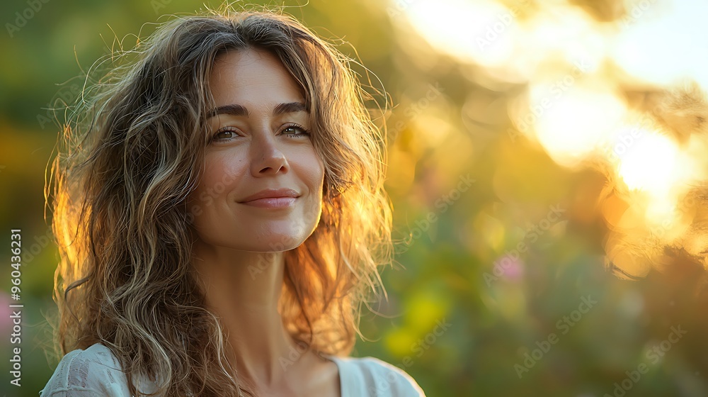 A joyful woman smiles in the warm, golden light of sunset. A joyful woman smiles in the warm, golden light of sunset.