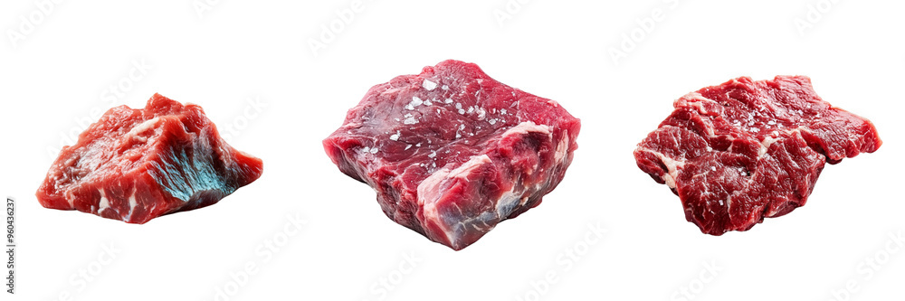 Set of A fresh, raw piece of beef steak seasoned with a sprinkle of black pepper and sea salt, garnished with basil leaves Isolated on Transparent Background Set of A fresh, raw piece of beef steak seasoned with a sprinkle of black pepper and sea salt, garnished with basil leaves Isolated on Transparent Background