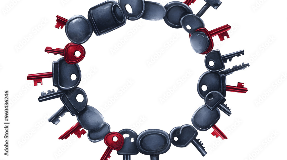 Keys Circle Frame Red and Silver Keys Security Concept Keys Circle Frame Red and Silver Keys Security Concept
