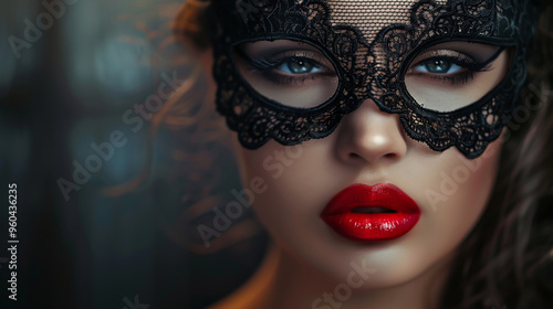 A close-up portrait of an elegant woman wearing a black lace masquerade mask and red lipstick on her lips