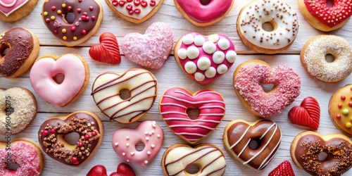 A whimsical collection of heart-shaped doughnuts and baked goods perfect for Valentine's Day and birthdays