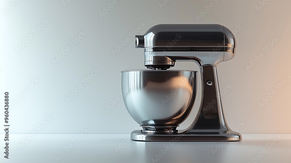 A sleek kitchen mixer with a gleaming stainless steel bowl. A sleek kitchen mixer with a gleaming stainless steel bowl.