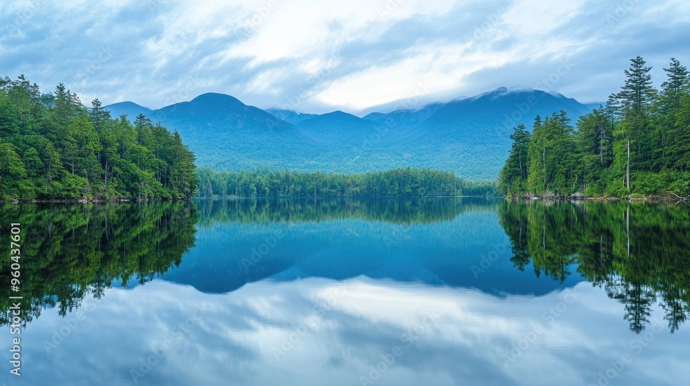 A serene lake surrounded by dense forests with mountains in the background, reflecting the calm water below.