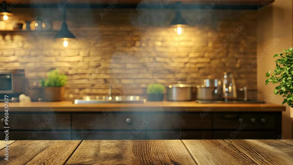 Cozy kitchen atmosphere with rustic wooden table and soft steam in a warm-lit home setting Cozy kitchen atmosphere with rustic wooden table and soft steam in a warm-lit home setting