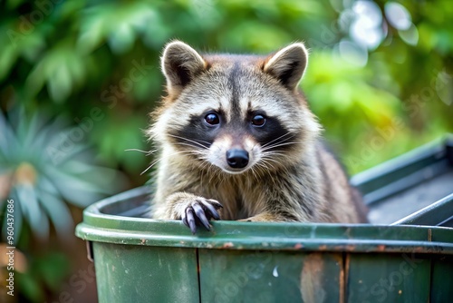 A raccoon rummaging through a dirty trash can