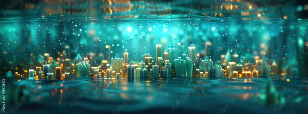 Fototapeta premium Enchanting Underwater Realm: Mystical Ocean with Glowing Waves and Submerged Castles