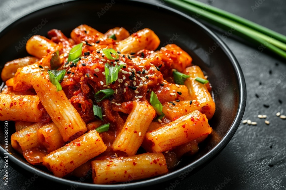 Spicy korean tteokbokki with green onions and sesame seeds on black plate Spicy korean tteokbokki with green onions and sesame seeds on black plate
