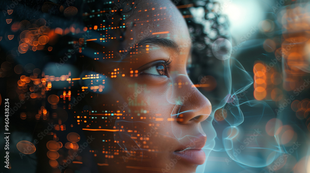 side profile portrait of a black female with a tech pattern overlay, a diverse cyber security analyst of artificial intelligence and the future of ai in the inclusive workplace. AI Generative. side profile portrait of a black female with a tech pattern overlay, a diverse cyber security analyst of artificial intelligence and the future of ai in the inclusive workplace. AI Generative.