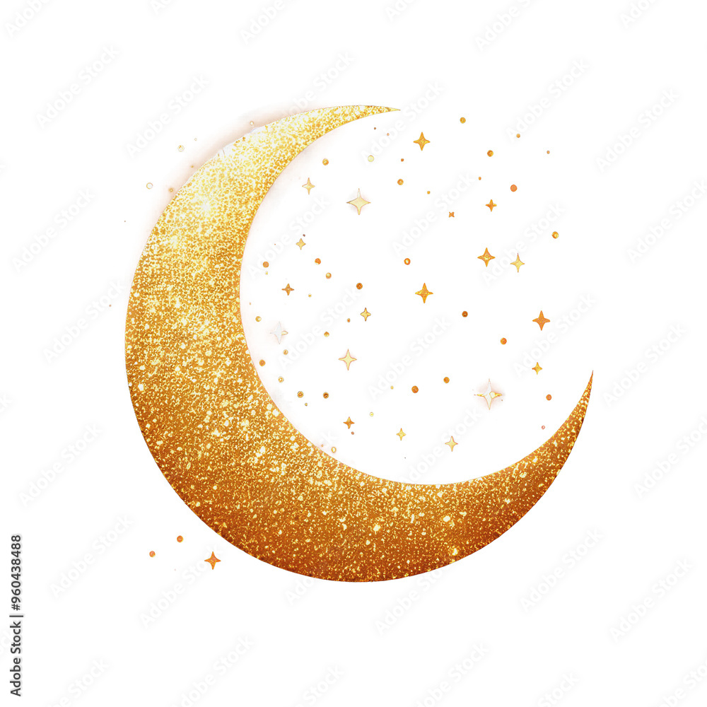 Gold glitter crescent moon with stars shiny sparking, golden moon glittering isolated transparent background