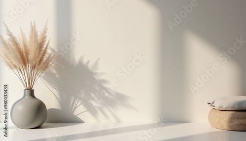 An empty white vase sits beside a small bed.