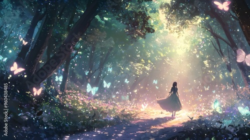 An anime-style illustration of a serene, magical forest with soft, glowing lights filtering through the trees. photo