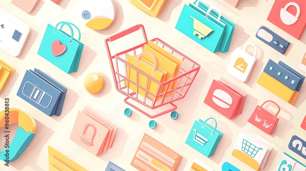 A vector illustration depicting various e-commerce elements, such as shopping carts, product tags, and payment methods. A vector illustration depicting various e-commerce elements, such as shopping carts, product tags, and payment methods.