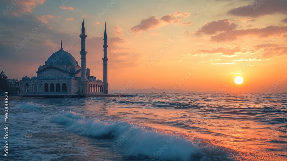 Fototapeta premium A serene mosque by the sea, with the waves gently lapping at its foundation and the sun setting in the background.