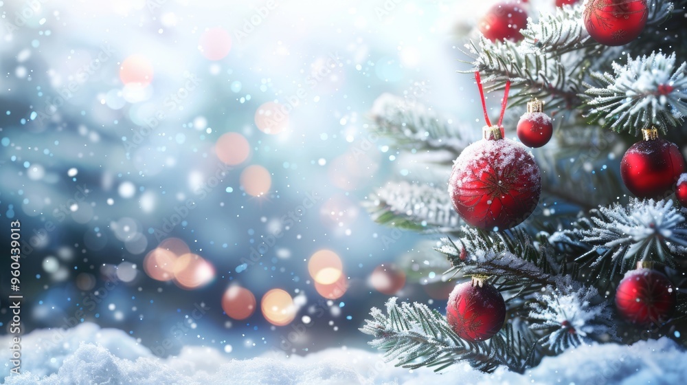 Christmas tree with decorative balls with winter snow background Christmas tree with decorative balls with winter snow background