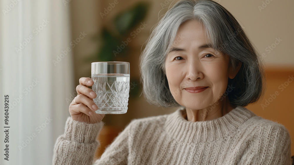 Create an image of an elderly Asian woman with gray hair, smiling gently while holding a clear glass of water. She should be dressed in a cozy, light-colored sweater, sitting in a softly lit room Create an image of an elderly Asian woman with gray hair, smiling gently while holding a clear glass of water. She should be dressed in a cozy, light-colored sweater, sitting in a softly lit room