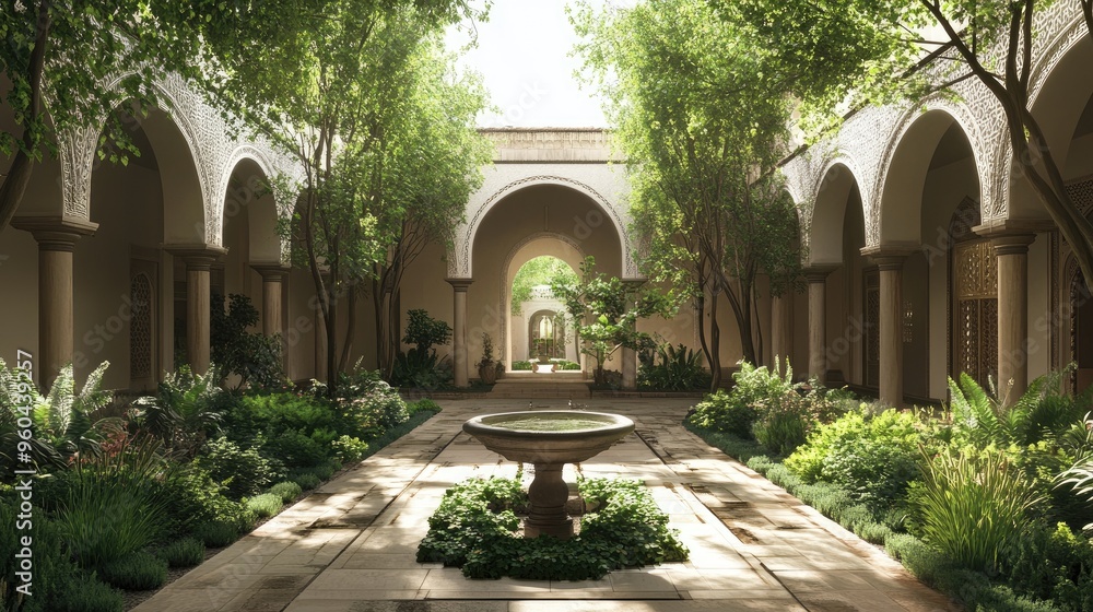 Fototapeta premium A serene mosque courtyard with lush greenery and a central fountain, exuding peace and tranquility.