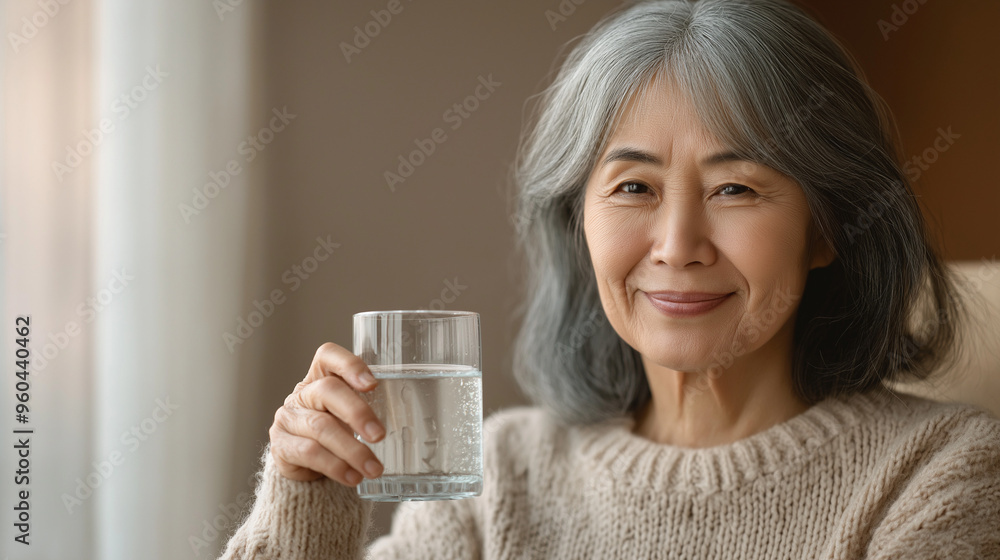 Create an image of an elderly Asian woman with gray hair, smiling gently while holding a clear glass of water. She should be dressed in a cozy, light-colored sweater, sitting in a softly lit room Create an image of an elderly Asian woman with gray hair, smiling gently while holding a clear glass of water. She should be dressed in a cozy, light-colored sweater, sitting in a softly lit room