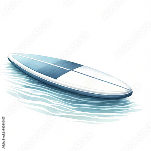 a streamlined and minimalist paddleboard with soft blue and white tones, floating on a gentle ripple - the watercolor clipart 