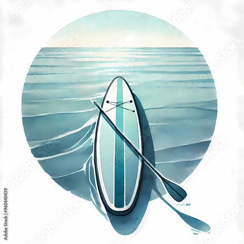 a single paddleboard floating gently on calm water - the watercolor clipart