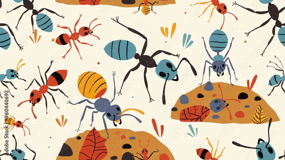 A repeating pattern of colorful ants on a light beige background, with ant hills and leaves. A repeating pattern of colorful ants on a light beige background, with ant hills and leaves.