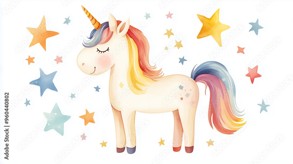 Fototapeta premium a whimsical watercolor illustration, cute happy unicorn with stars On white background 