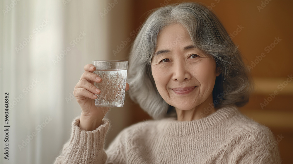 Create an image of an elderly Asian woman with gray hair, smiling gently while holding a clear glass of water. She should be dressed in a cozy, light-colored sweater, sitting in a softly lit room Create an image of an elderly Asian woman with gray hair, smiling gently while holding a clear glass of water. She should be dressed in a cozy, light-colored sweater, sitting in a softly lit room