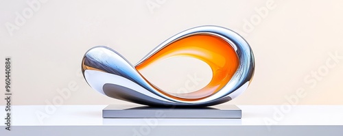 Dynamic, abstract sculpture with curved lines and reflective surfaces, contemporary, visual movement photo