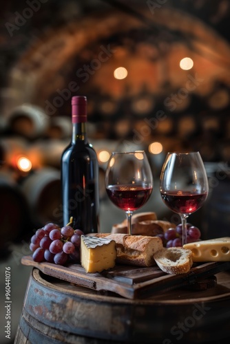 Fresh grape, grape wine bottle and glass in vintage wine cellar with wine barrels