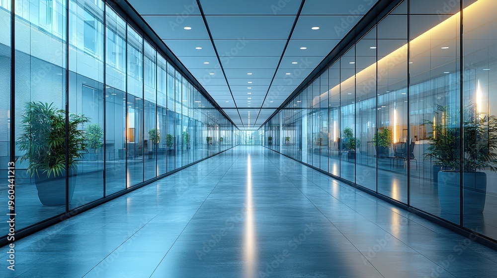 Futuristic High-Tech Office Corridor with Blurred Background of Glass Walls and Soft Lighting Futuristic High-Tech Office Corridor with Blurred Background of Glass Walls and Soft Lighting