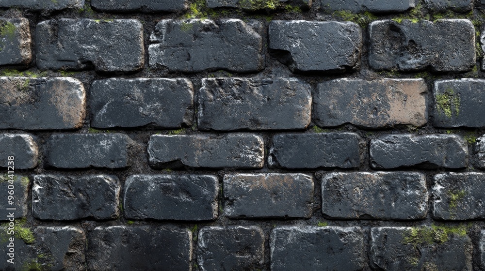 Fototapeta premium Dark gray industrial brick wall with moss and dampness in urban setting