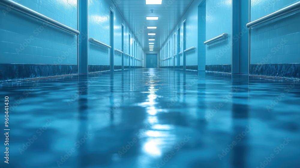 Tranquil Hospital Corridor with Light Blue Walls Creating a Serene Atmosphere Tranquil Hospital Corridor with Light Blue Walls Creating a Serene Atmosphere