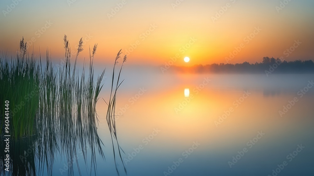 A serene sunrise over a calm lake with fog gently rising from the water's surface. A serene sunrise over a calm lake with fog gently rising from the water's surface.