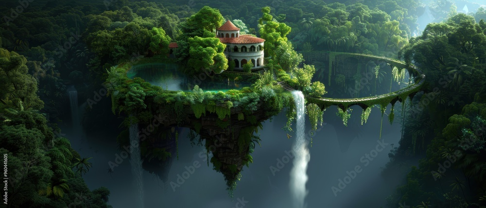 Enchanting Fantasy Castle on Cliffside with Waterfall and Mystical River - Digital Art Background in Quality Enchanting Fantasy Castle on Cliffside with Waterfall and Mystical River - Digital Art Background in Quality