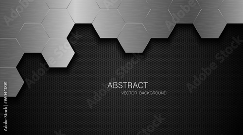 Metal background. Abstract silver polygons on dark steel mesh background. with free space for design. Modern technology innovation concept background