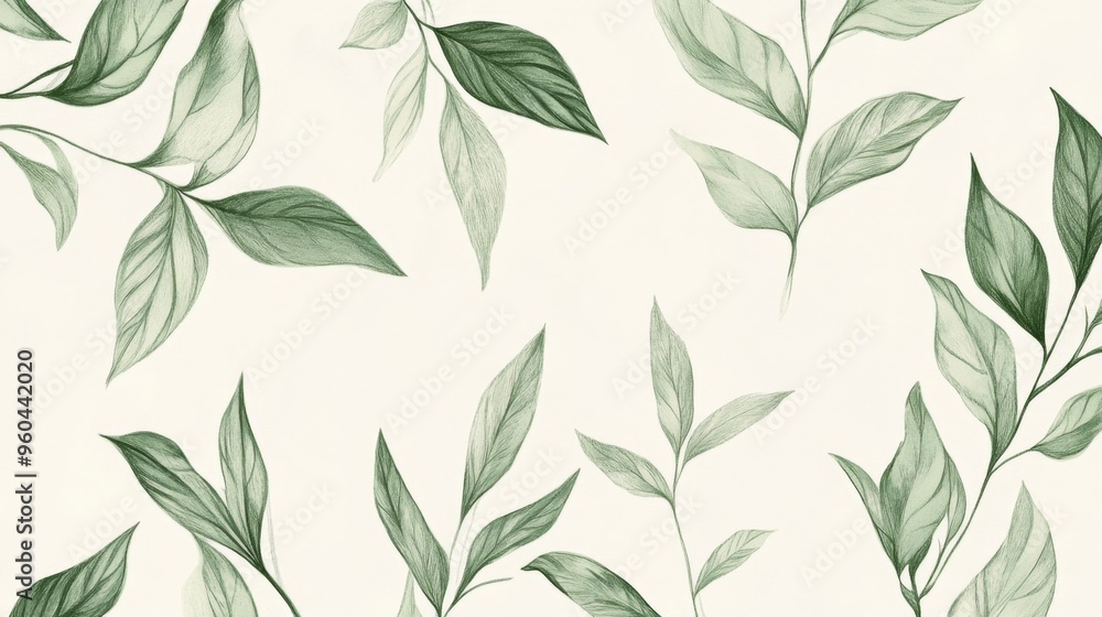 Hand-drawn green plant and leaf pattern in minimalist vintage botanical design for wallpaper Hand-drawn green plant and leaf pattern in minimalist vintage botanical design for wallpaper