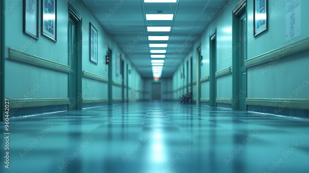 Serene Hospital Corridor at Night with Softly Blurred Background Serene Hospital Corridor at Night with Softly Blurred Background