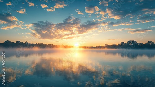 A serene sunrise over a calm lake with fog gently rising from the water's surface.