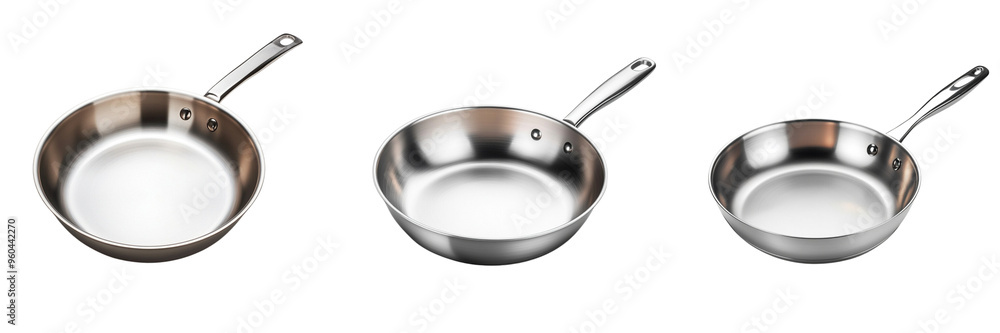 Set of A shiny stainless steel frying pan with a non-stick surface and a sturdy handle Isolated on Transparent Background Set of A shiny stainless steel frying pan with a non-stick surface and a sturdy handle Isolated on Transparent Background