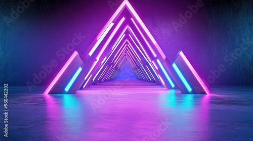 A vibrant neon triangle formation with blue and pink lights, creating a futuristic and artistic ambiance in a dark setting. photo