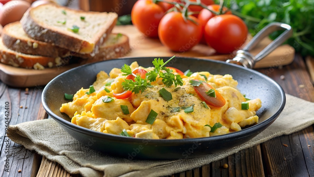 scrambled eggs for breakfast with herbs and cherry. morning breakfast. light breakfast