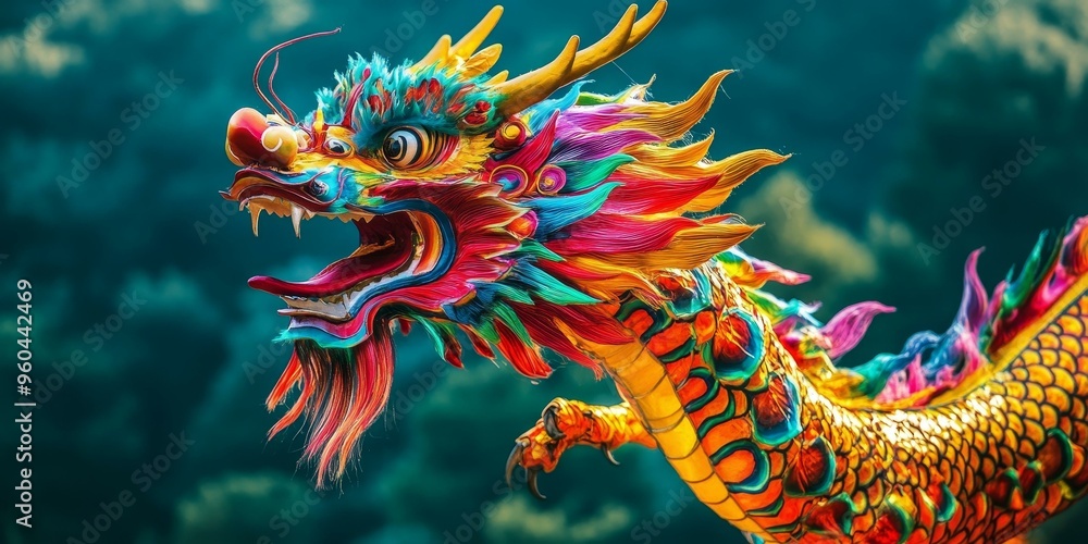 A colorful dragon figurine against a green background. A colorful dragon figurine against a green background.