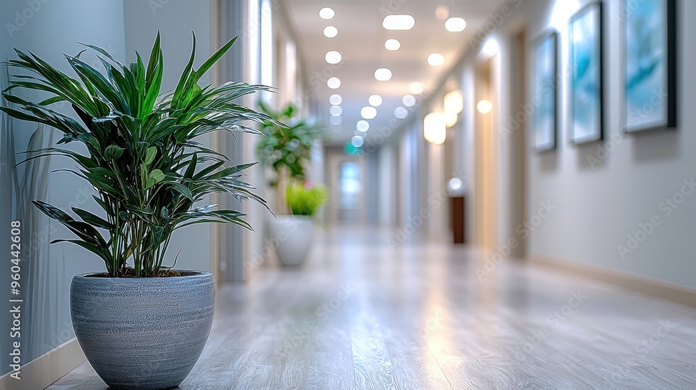 Serene Clinic Interior with Blurred Hallway, Potted Plants, and Modern Decor for a Welcoming Ambiance Serene Clinic Interior with Blurred Hallway, Potted Plants, and Modern Decor for a Welcoming Ambiance