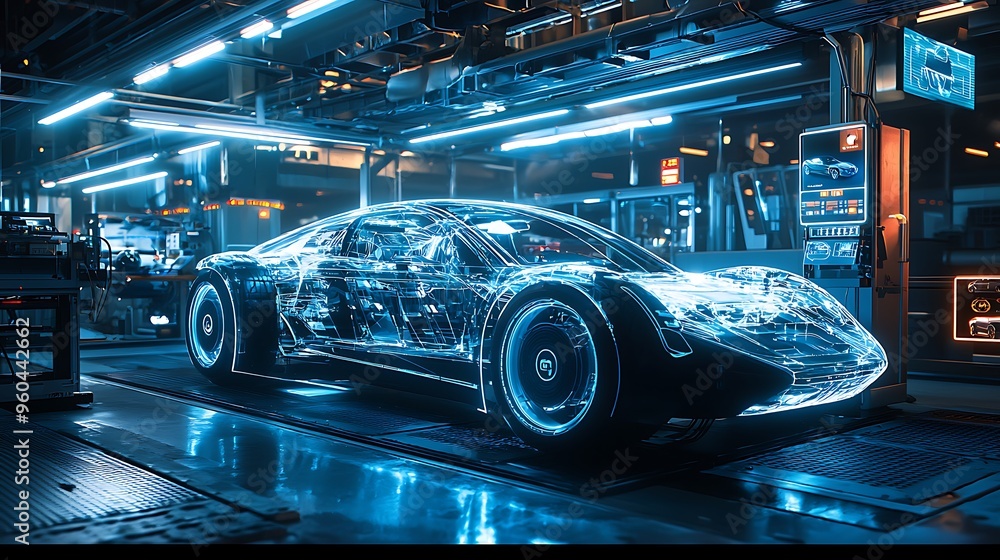 Fototapeta premium A wireframe blueprint of a futuristic car glows in blue neon lights.
