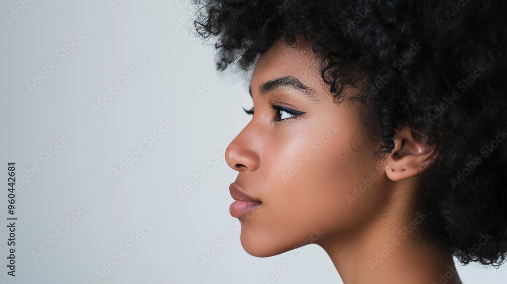 Close-Up Side View of a Confident Woman with Natural Curly Afro Hair – Skincare, Diversity, Feminine Beauty, Close-Up Side View of a Confident Woman with Natural Curly Afro Hair – Skincare, Diversity, Feminine Beauty,