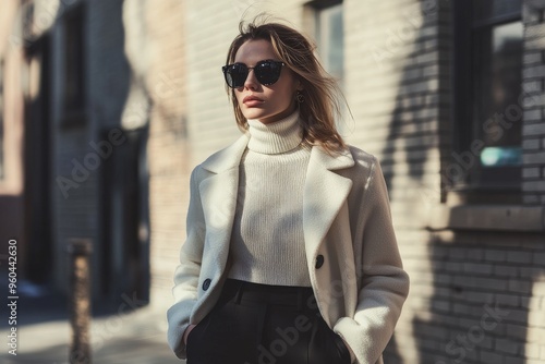 Stylish woman in sunglasses wearing a white coat on a sunny urban street