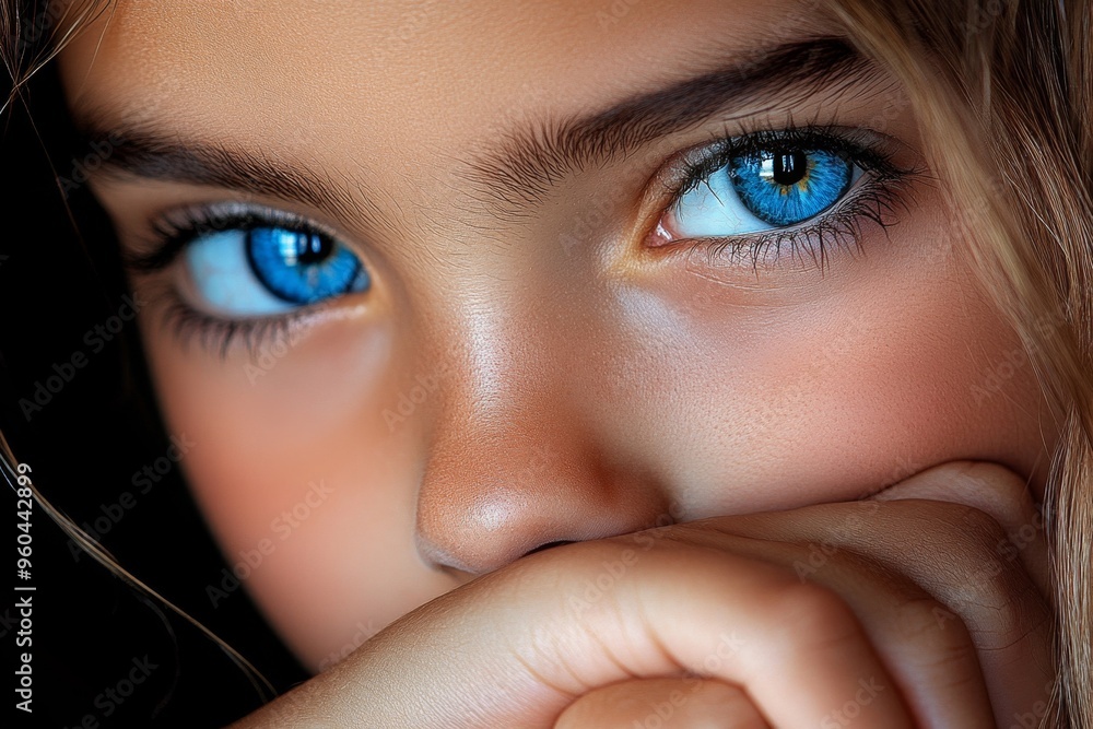 Fototapeta premium Girl’s face, reflective eyes, thoughtful mood indicates she is lost in deep thought or reflection