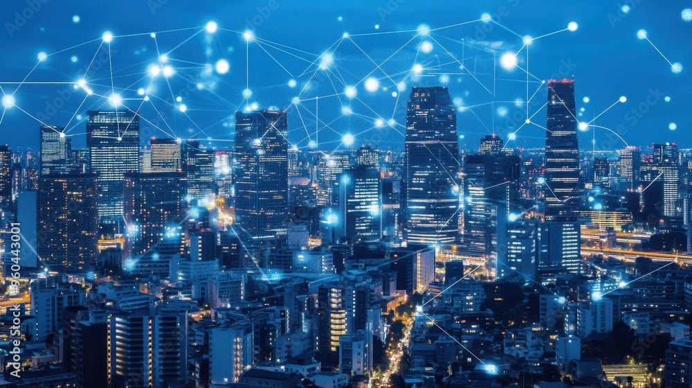 Fototapeta premium Futuristic Cityscape with Glowing Network Connections
