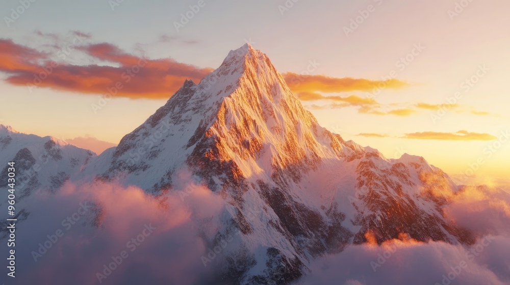 A snowy mountain peak bathed in the warm light of the setting sun, with a clear sky above. A snowy mountain peak bathed in the warm light of the setting sun, with a clear sky above.